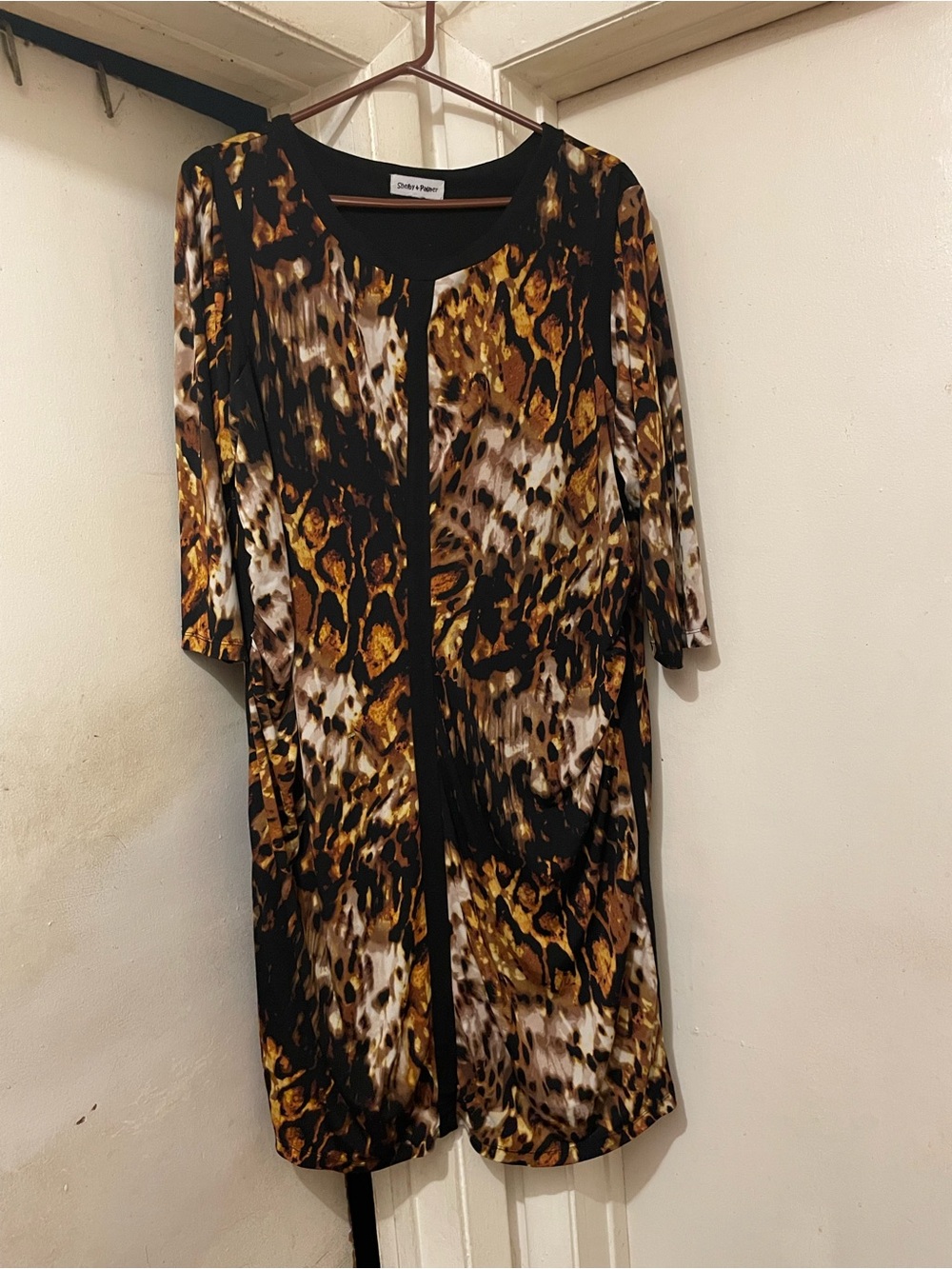 Shelby & Palmer Women’s Animal Print Shift Dress Brown Black 3/4 Sleeve Size L